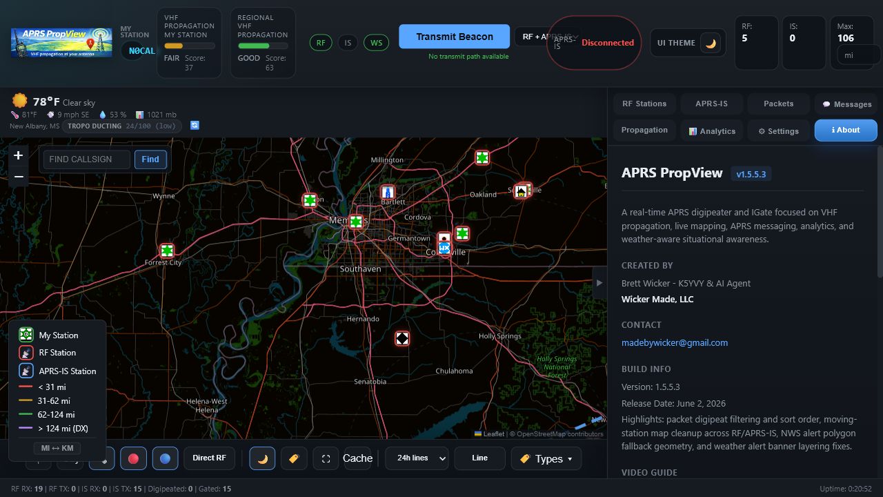 APRS PropView desktop dashboard with map, station tabs, gauges, and status controls