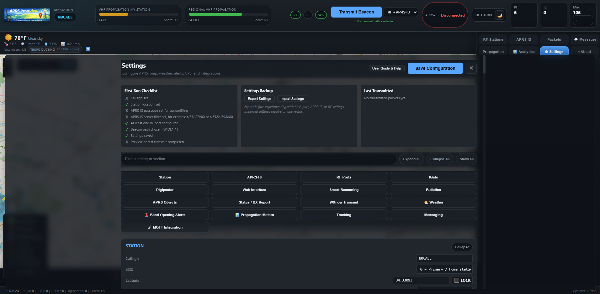 APRS PropView settings tab with configuration sections and save controls